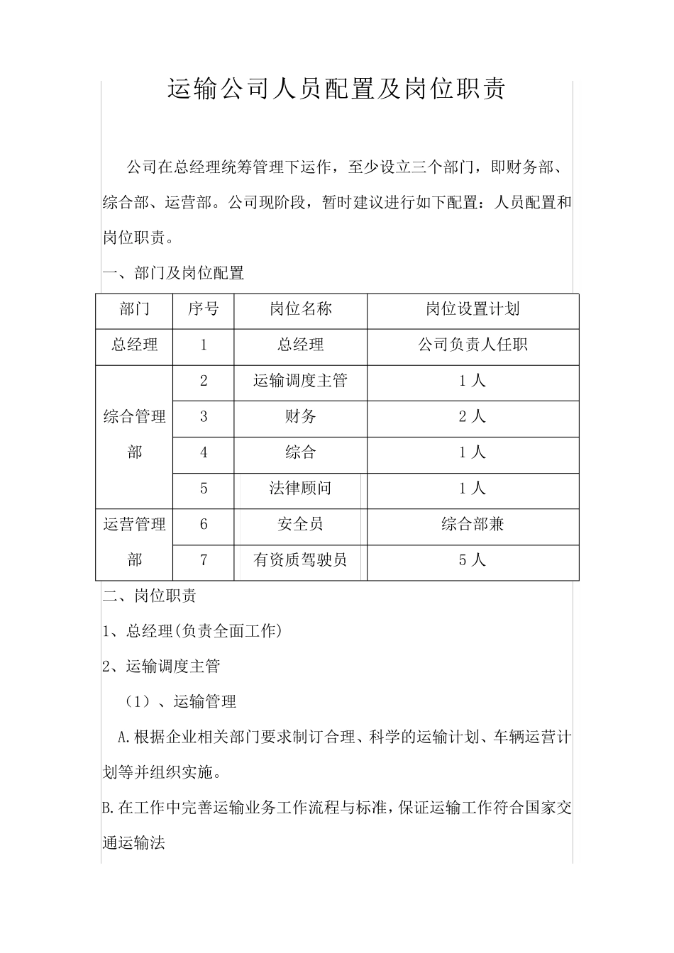 运输公司人员配置及岗位职责_第1页