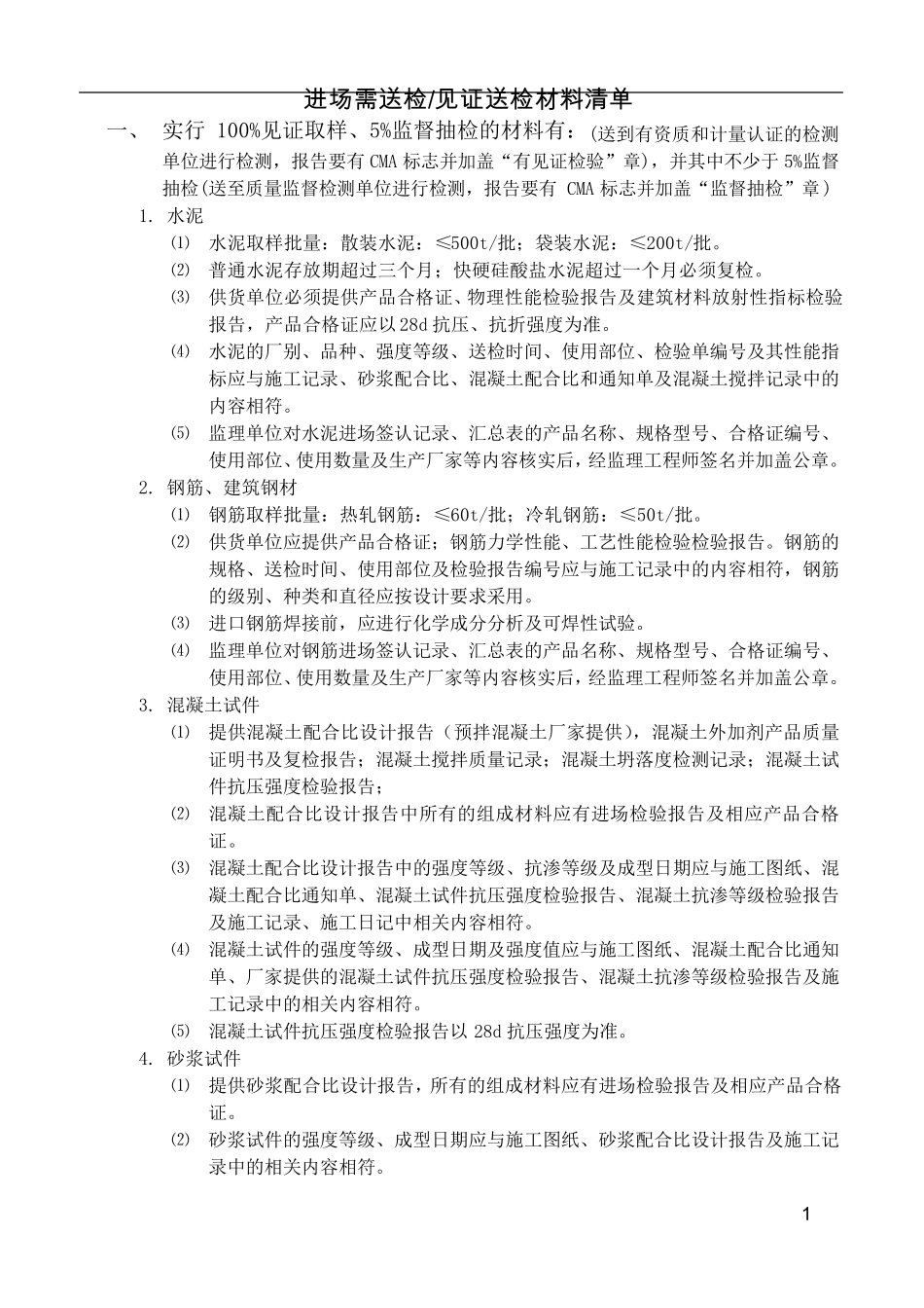 进场需送检材料清单_第1页