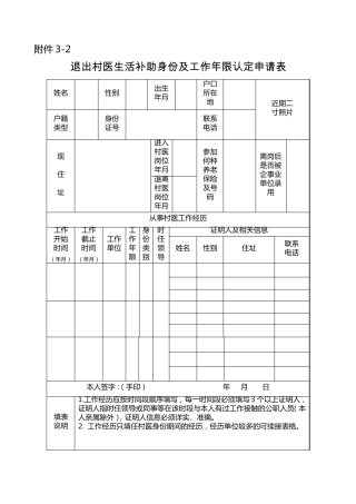 退出村医生活补助身份和工作年限认定及补助发放表格式样