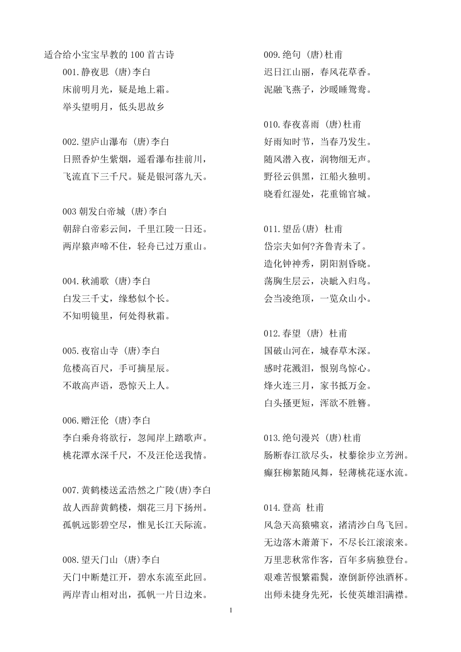适合给小宝宝早教的100首古诗_第1页
