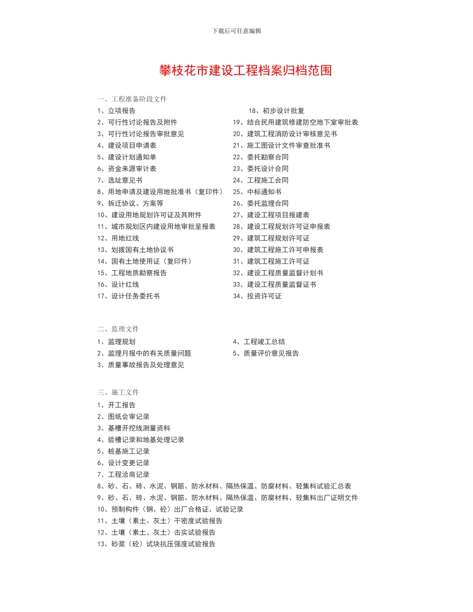 攀枝花市建设工程档案归档范围_第1页