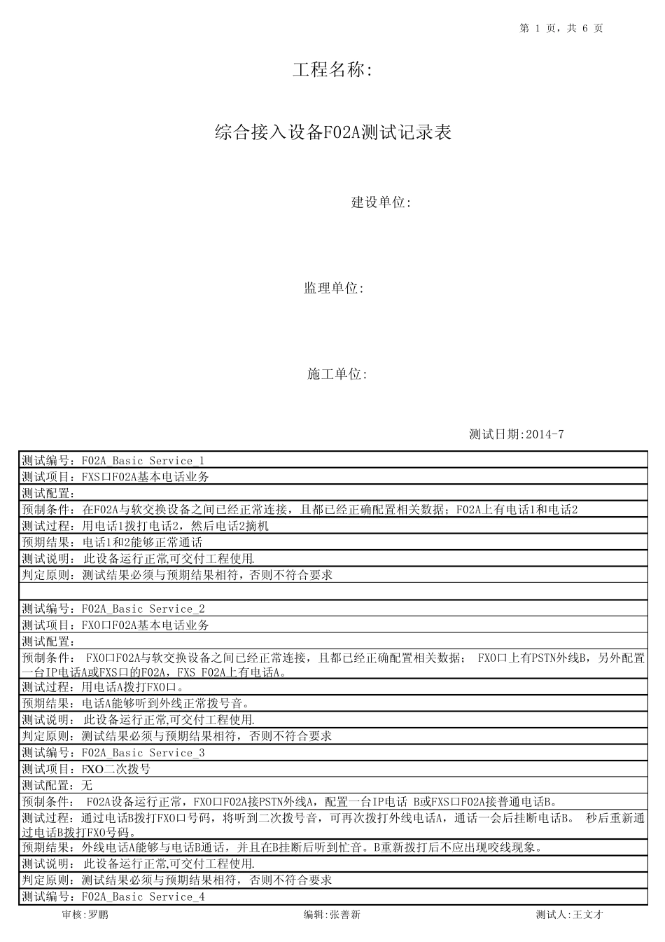 通信工程光缆及设备测试记录表_第1页
