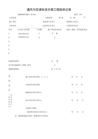 通风与空调安装分部工程验收记录