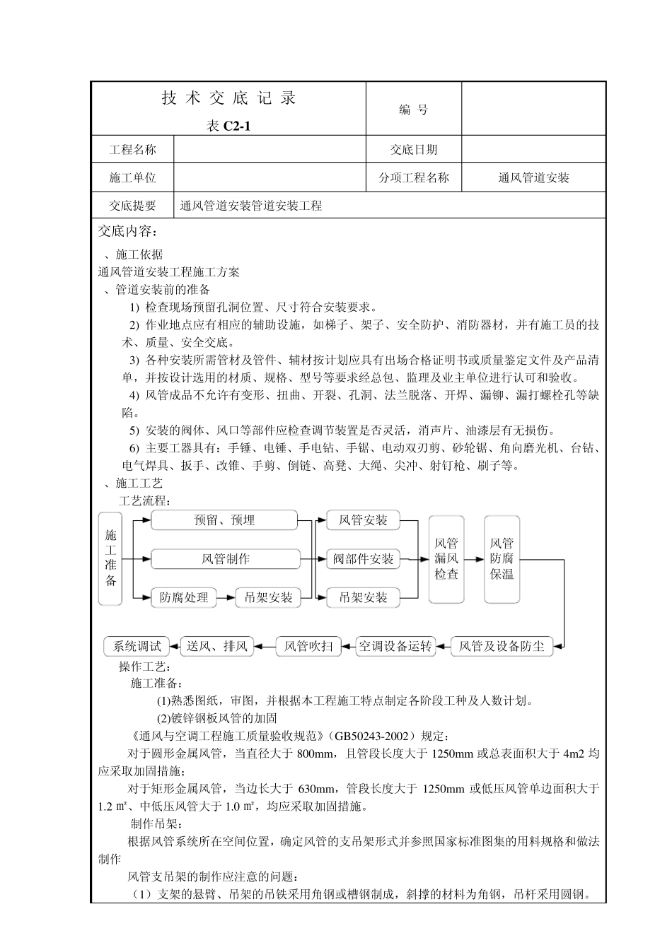 通风管道安装技术交底记录1_第1页