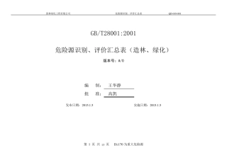 造林绿化危险源识别、评价汇总表