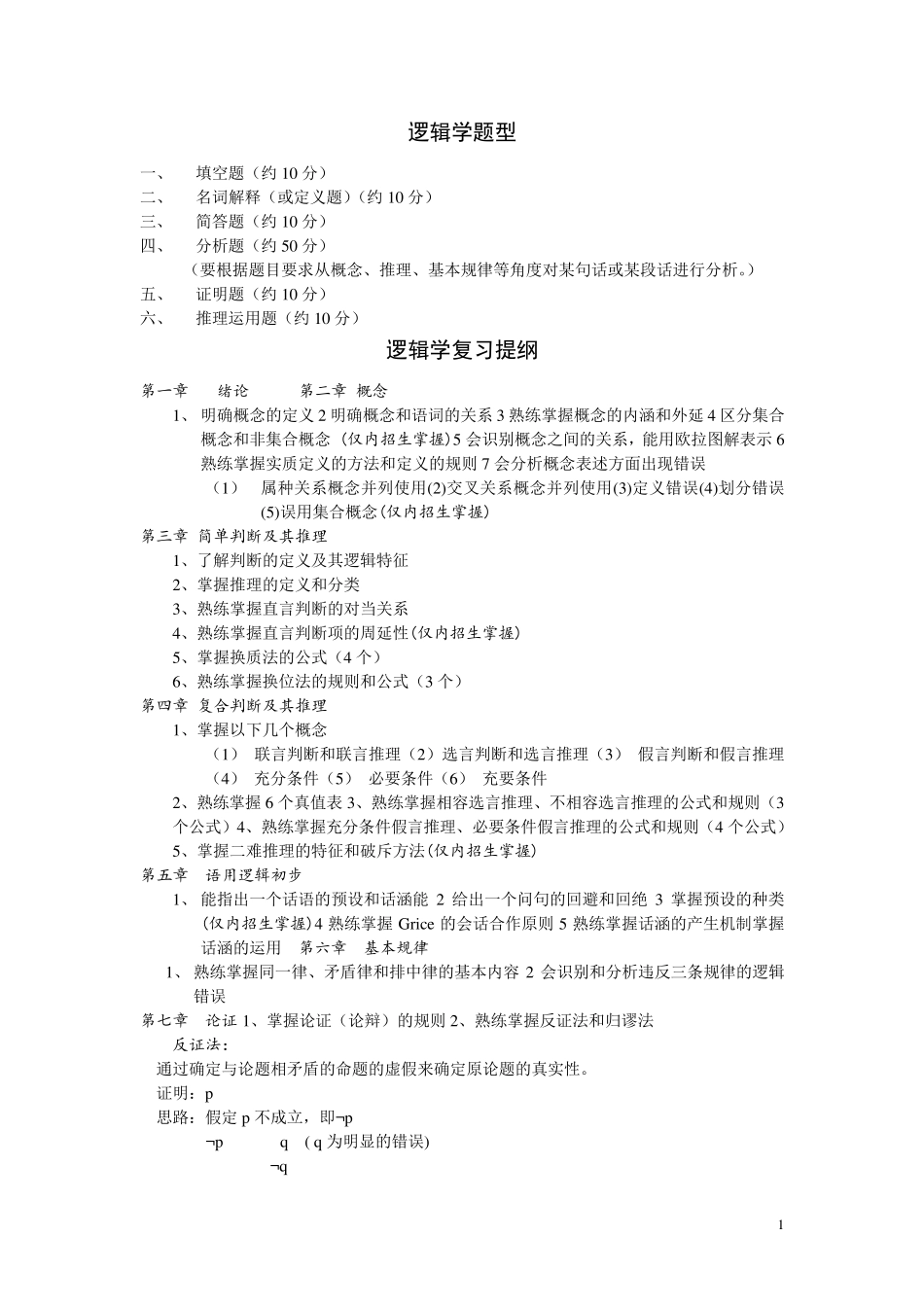 逻辑学复习提纲及练习题_第1页