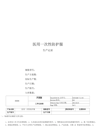 防护服生产批记录