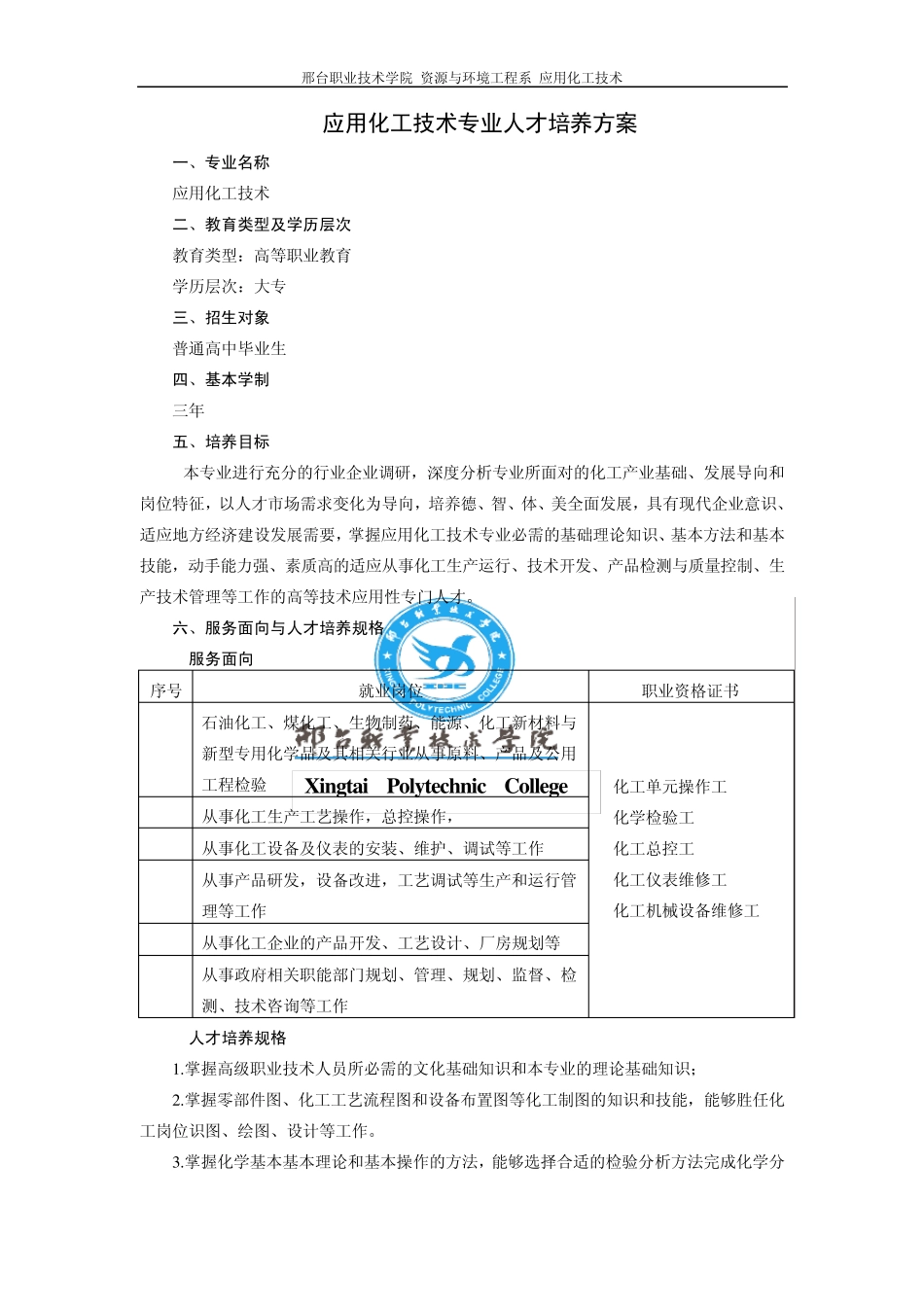 邢台职业技术学院应用化工技术专业人才培养方案_第1页