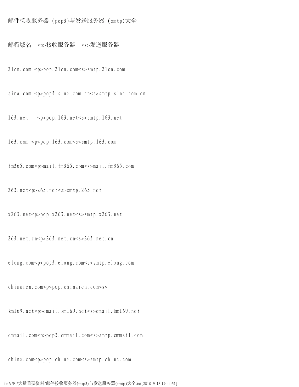邮件接收服务器(pop3)与发送服务器(smtp)大全_第1页