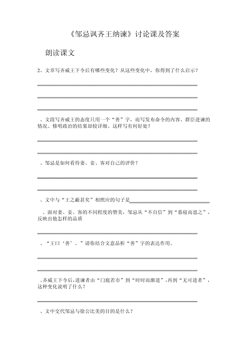 邹忌讽齐王纳谏讨论课题目及参考答案_第1页