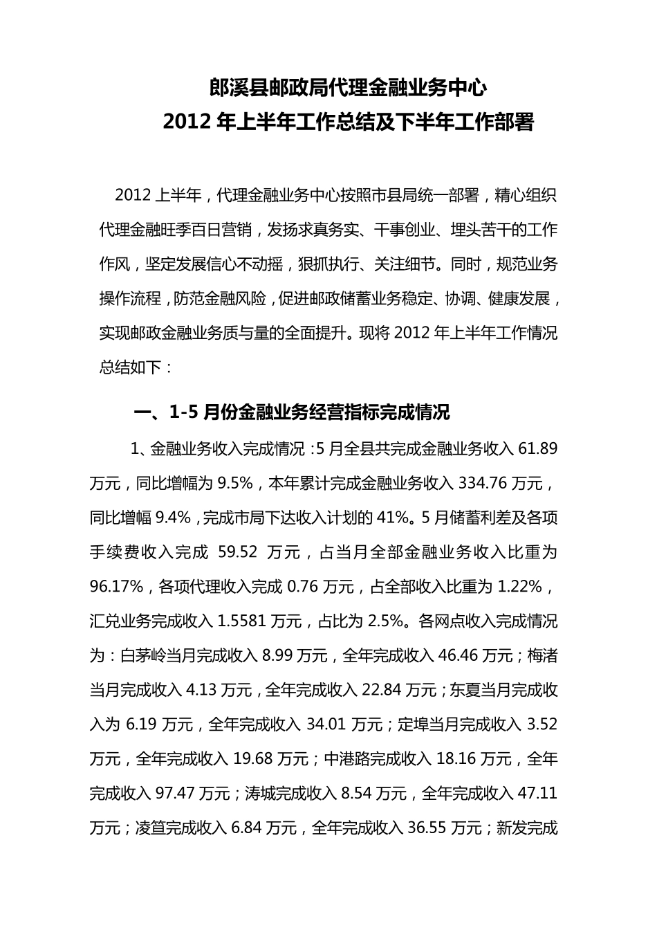 郎溪邮政代理金融业务中心上半年工作小结及下半年工作思路_第1页