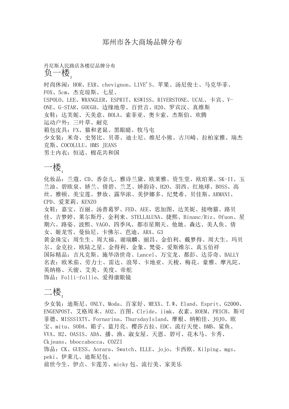 郑州市各大商场品牌分布概况_第1页