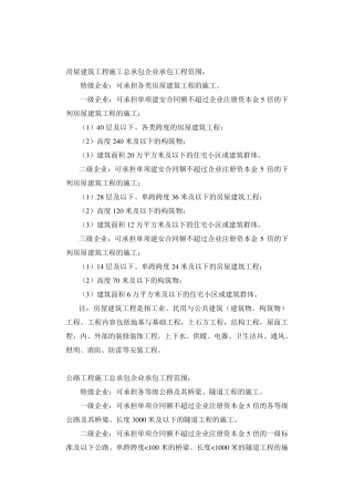 部分常用施工资质等级承包范围标准
