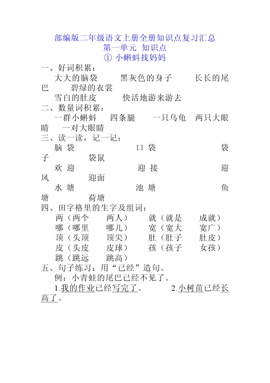 部编人教版二年级语文上册全册知识点汇总_第1页