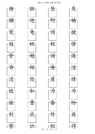部编人教版二年级语文上册识字表