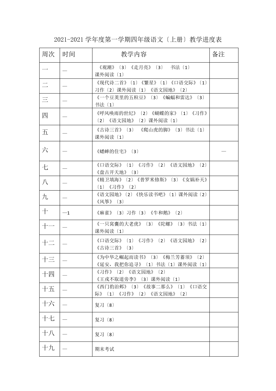 部编人教版四年级上册语文教学进度表_第1页