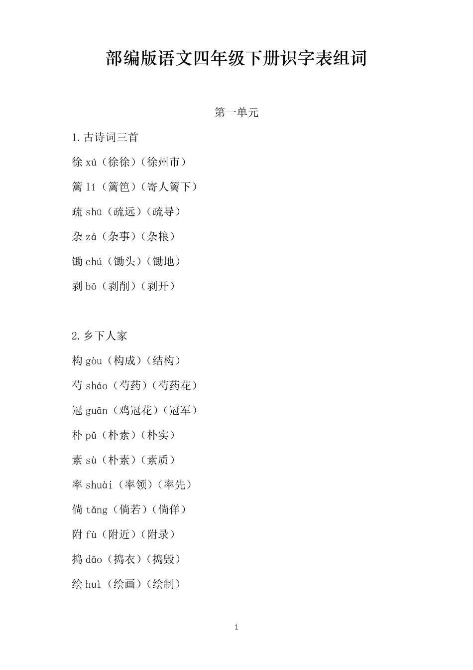 部编人教版四年级语文下册识字表组词_第1页