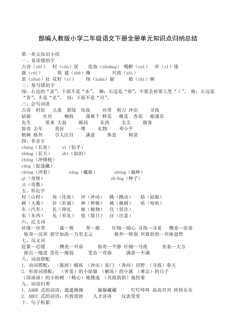 部编人教版小学二年级语文下册全册单元知识点归纳总结_第1页