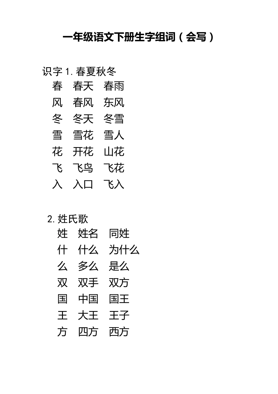 部编教材一年级语文下册听写词语表_第1页