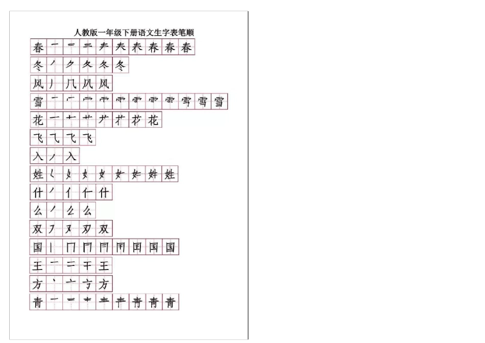 部编新审定一年级语文下册生字表笔顺大全(田字格)_第1页