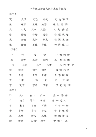 部编本一年级上册语文识字表组词