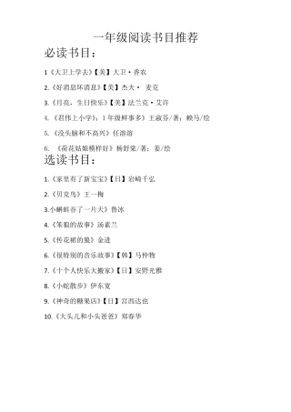 部编本语文一至六年级课外阅读书目推荐