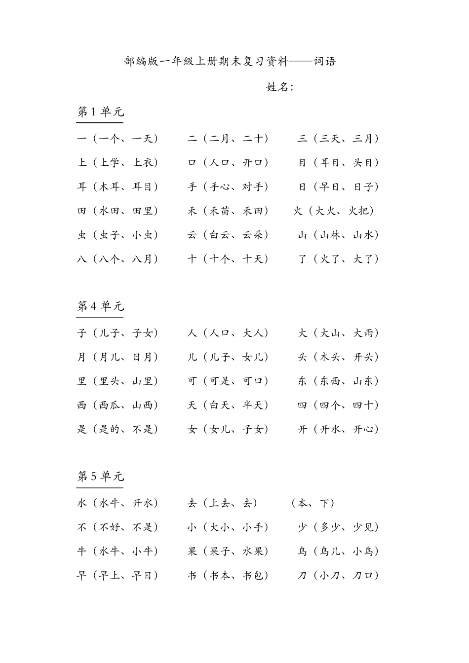 部编版一年级上册语文：全册总复习资料_第1页