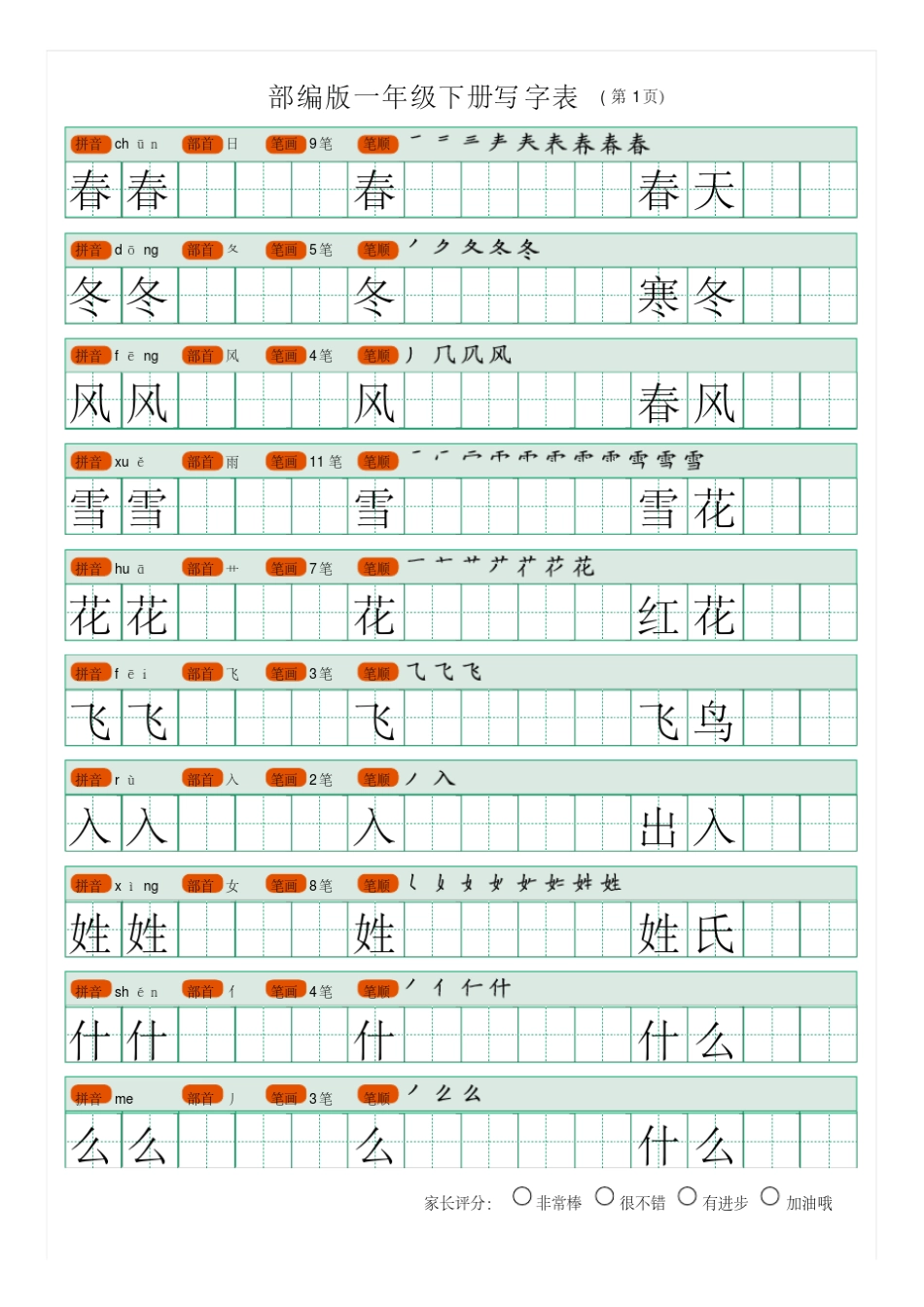 部编版一年级下册写字表(笔顺、可打印)_第1页