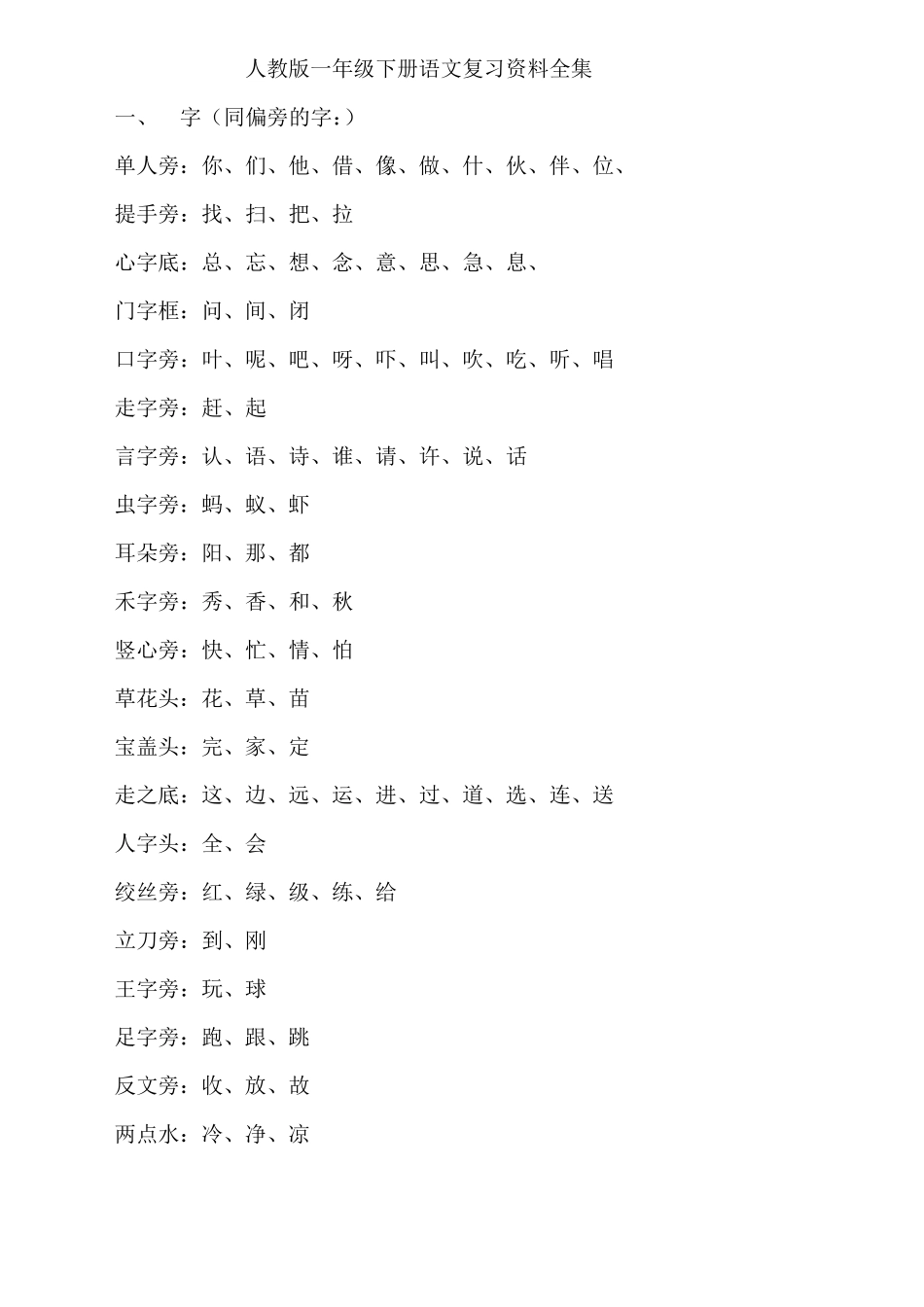 部编版一年级下册语文复习资料全集_第1页