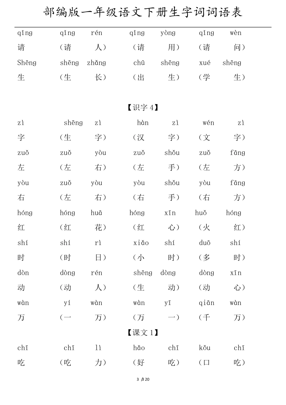 部编版一年级语文下册生字词词语表_第3页