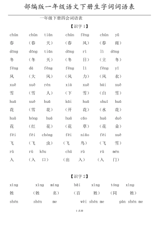 部编版一年级语文下册生字词词语表