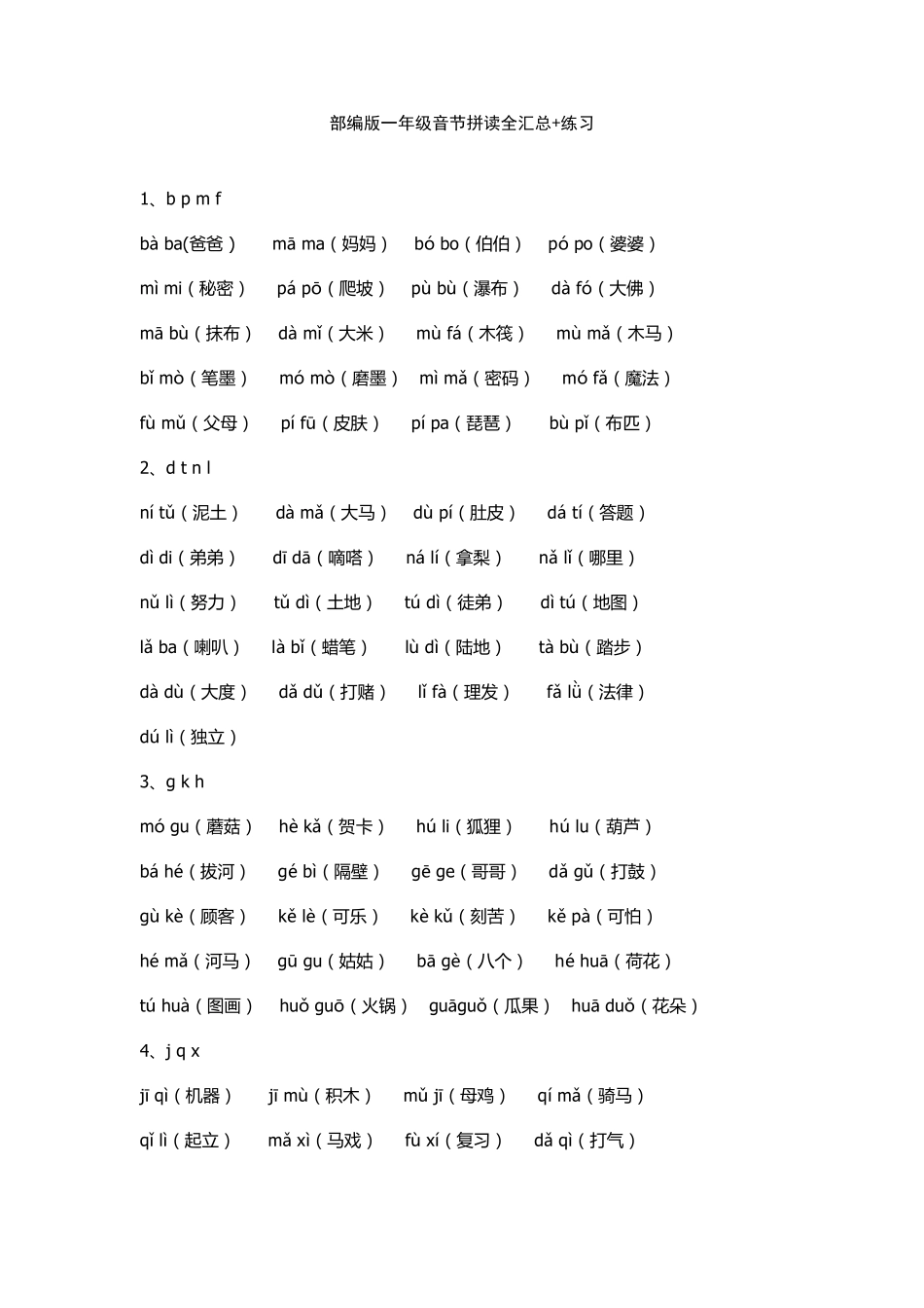 部编版一年级音节拼读全汇总+练习_第1页