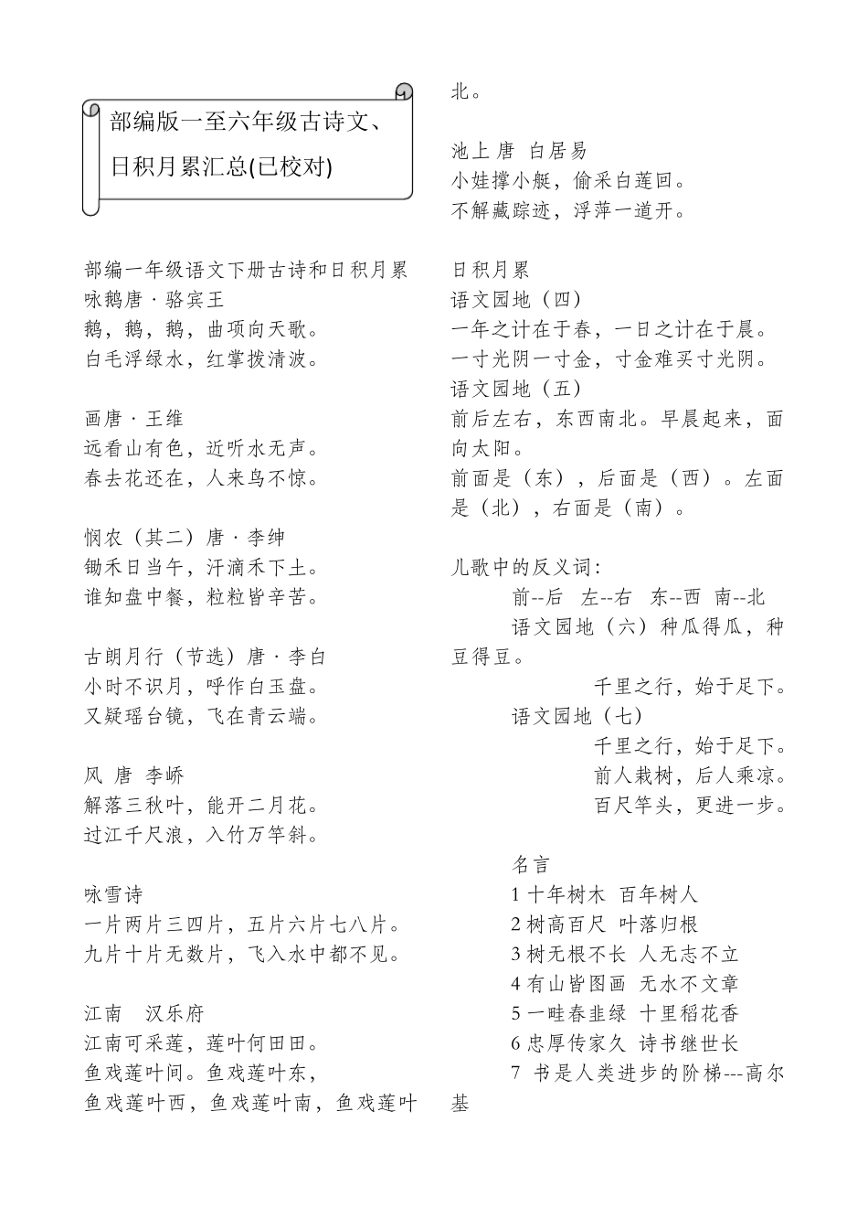 部编版一至六年级必背内容汇编_第1页