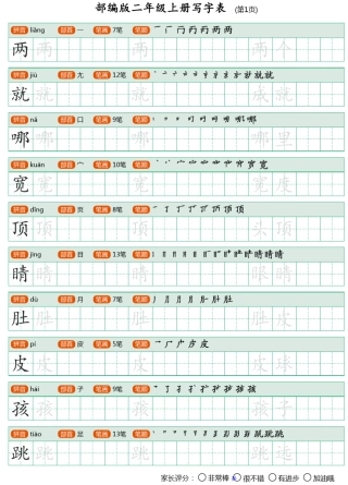 部编版二年级上册写字表(带笔顺、可打印)