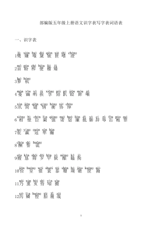 部编版五年级上册语文识字表写字表词语表(含注音)