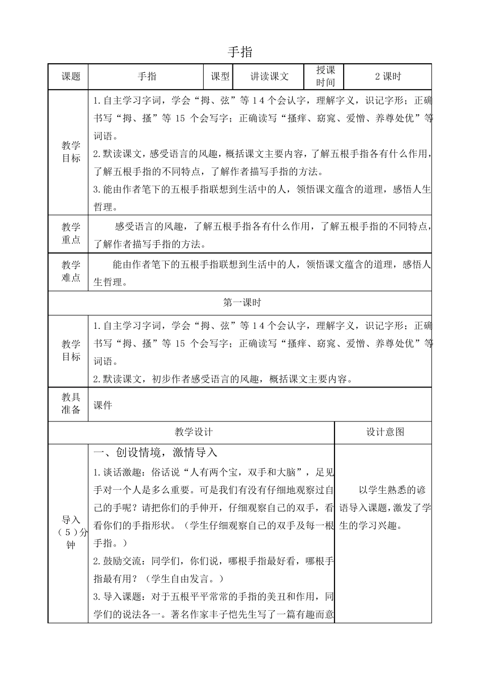 部编版五年级下册《手指》优秀教案_第1页