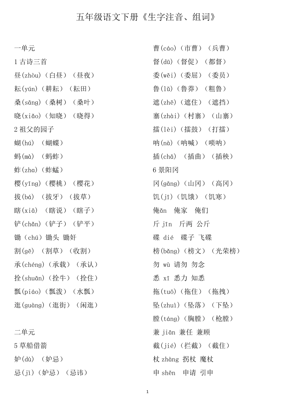 部编版五年级语文下册《生字注音、组词》_第1页