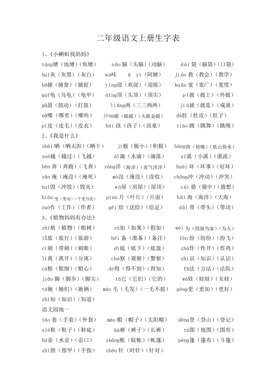 部编版人教版二年级语文上册生字表_第1页