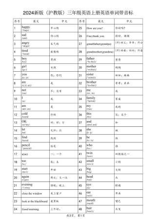 2024新版(沪教版)三年级英语上册英语单词带音标