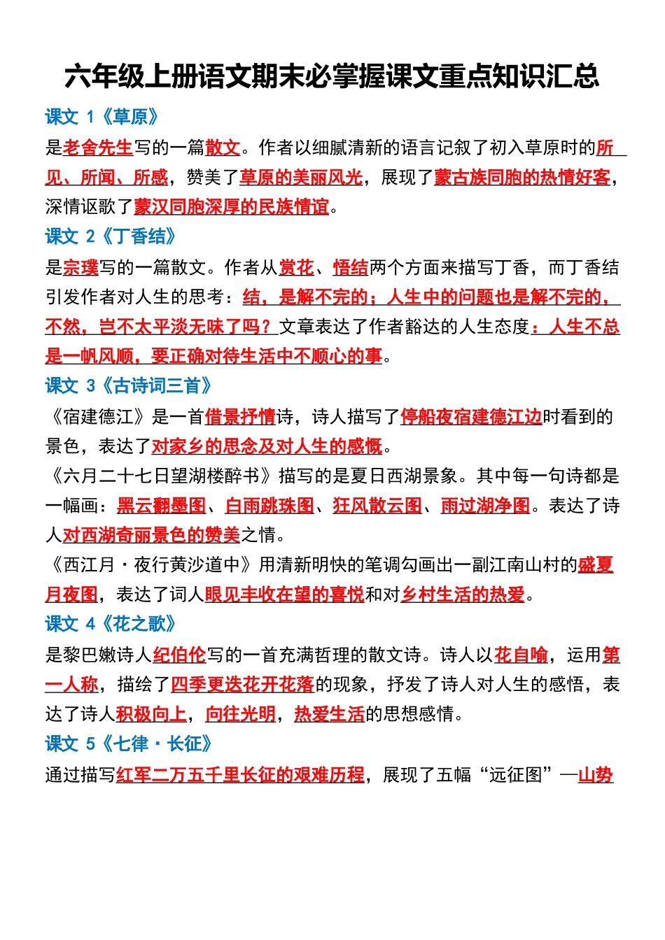 六年级上册语文全册必背重要课文知识汇总_第1页