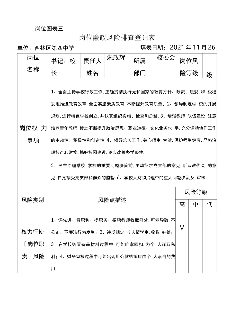 风险管理学校岗位廉政风险排查登记表_第1页