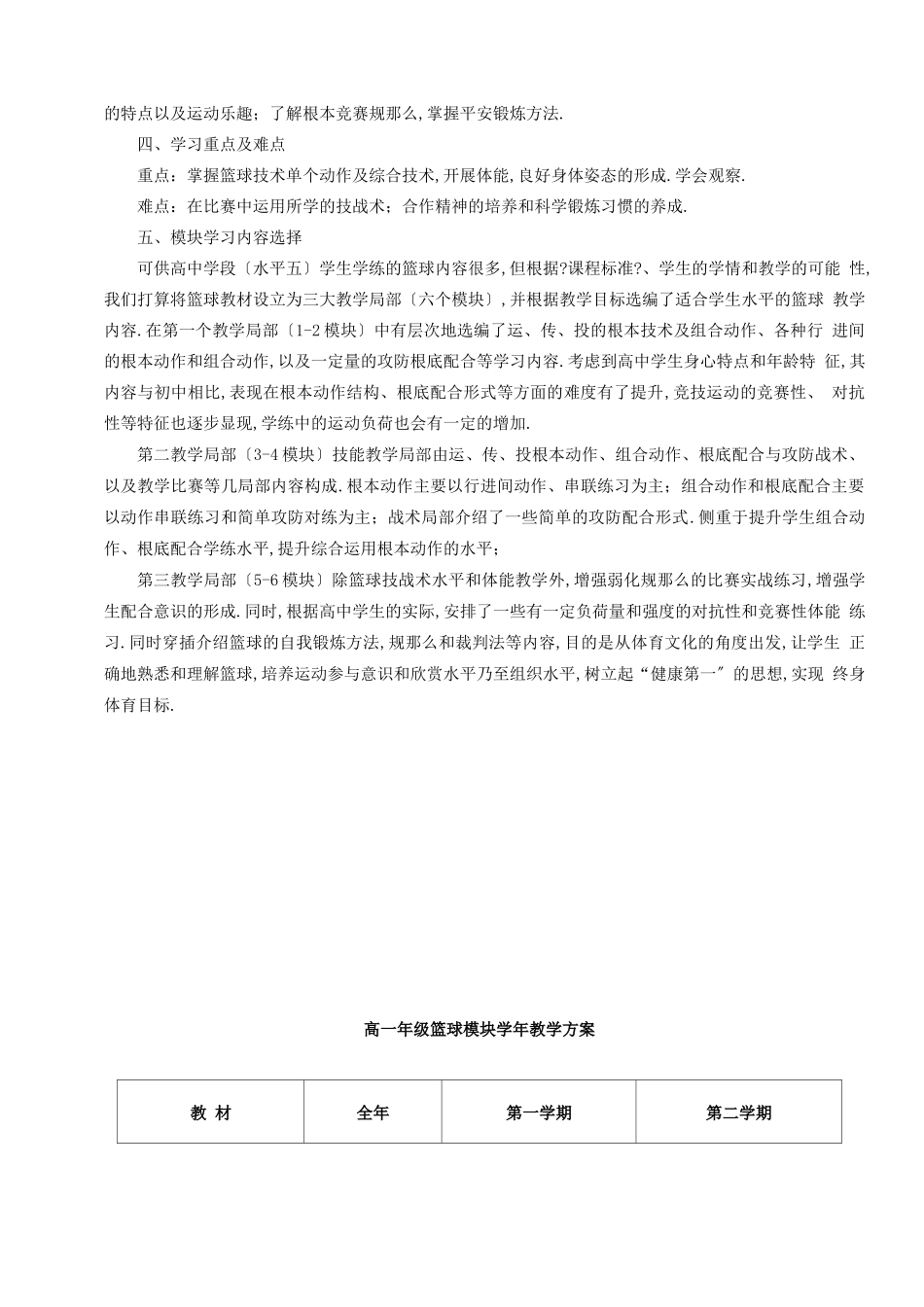 高中篮球模块教学计划设计说明及教学设计_第2页