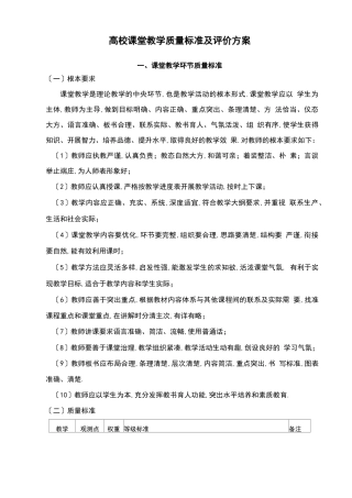 高校课堂教学质量标准及评价方案