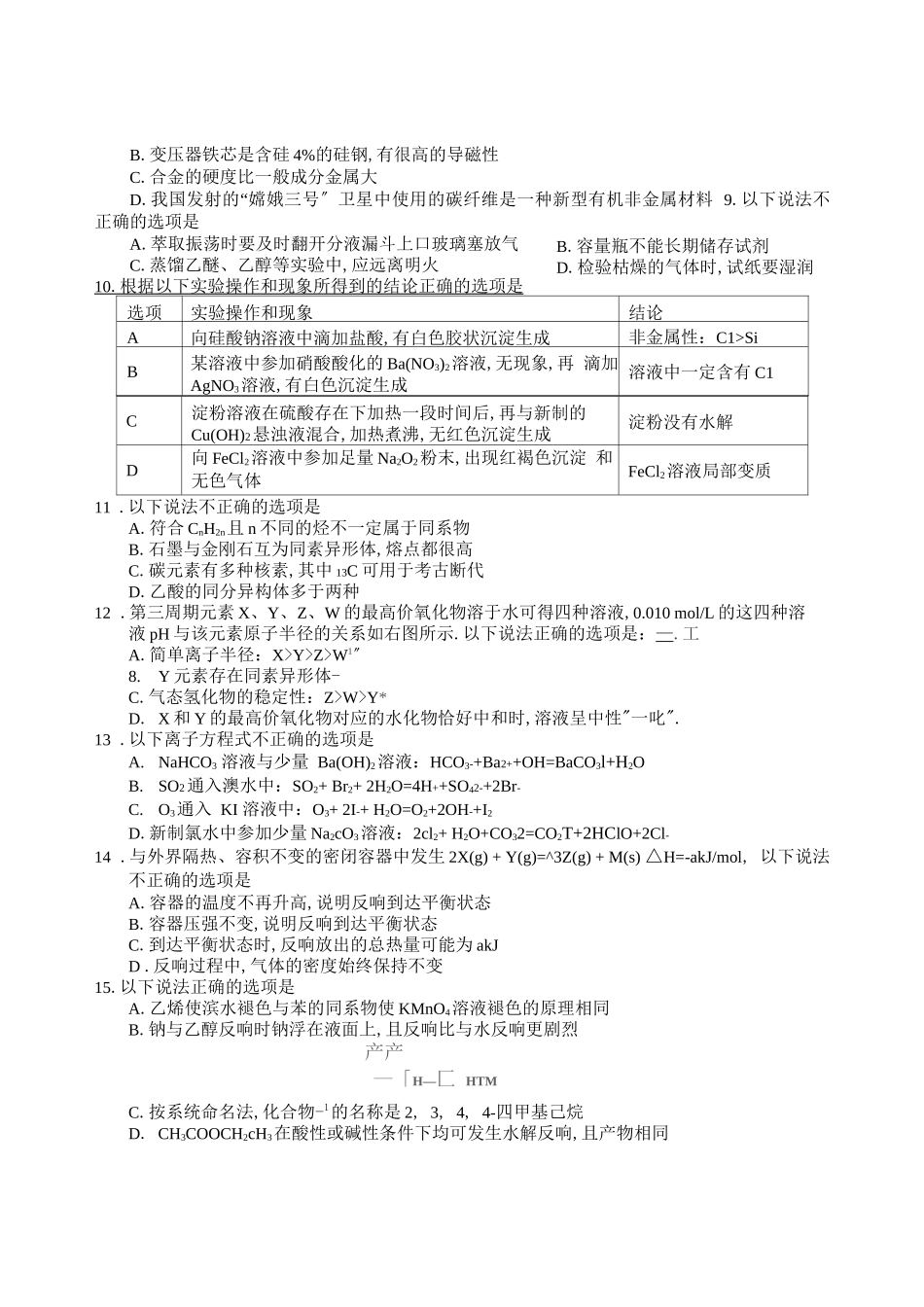高考化学模拟试题卷及答案_第2页
