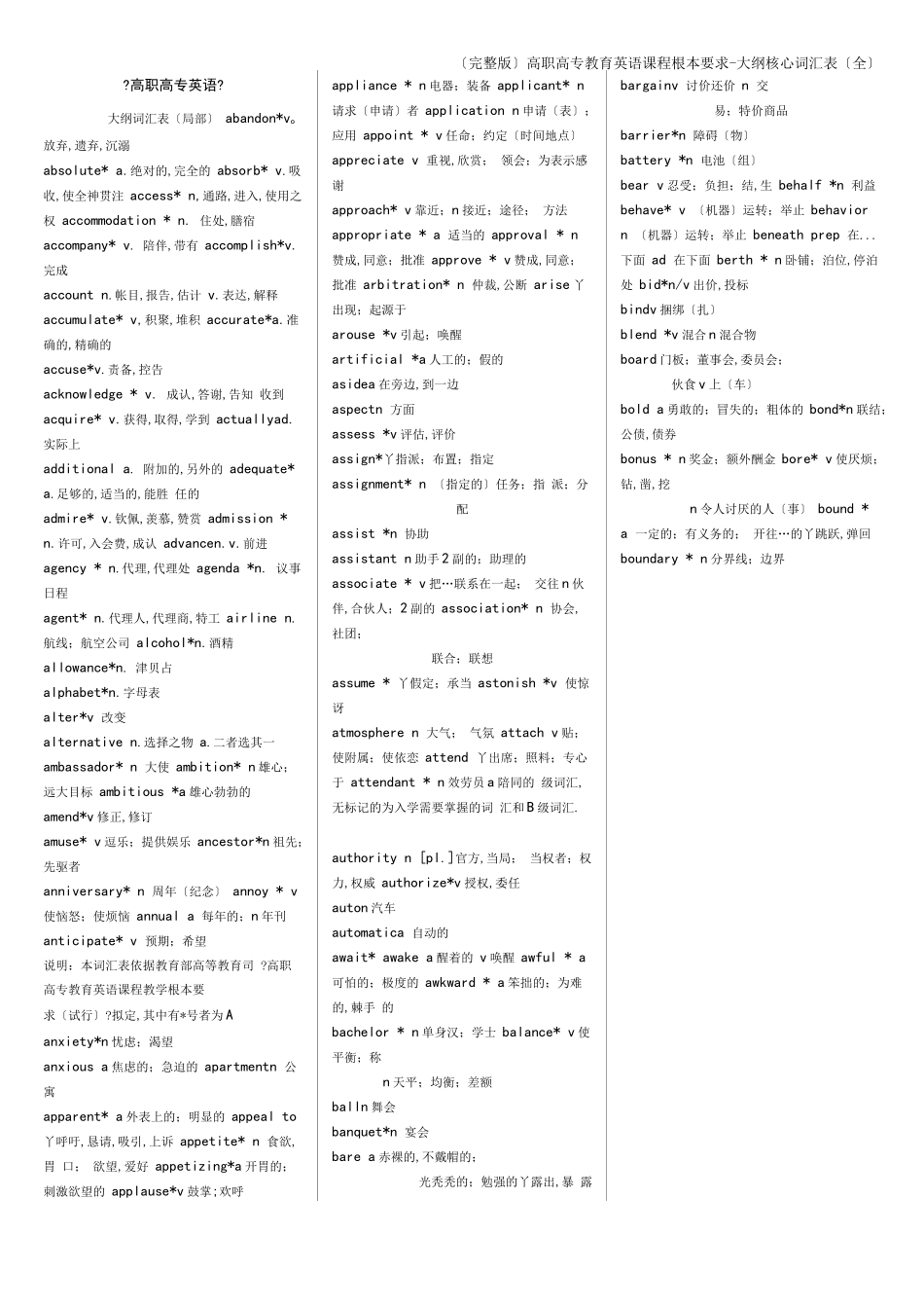 高职高专教育英语课程基本要求-大纲核心词汇表全_第1页