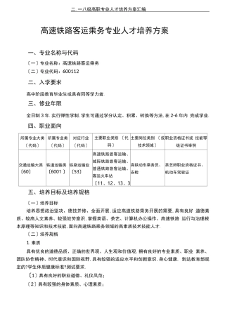 高速铁路客运乘务专业人才培养方案