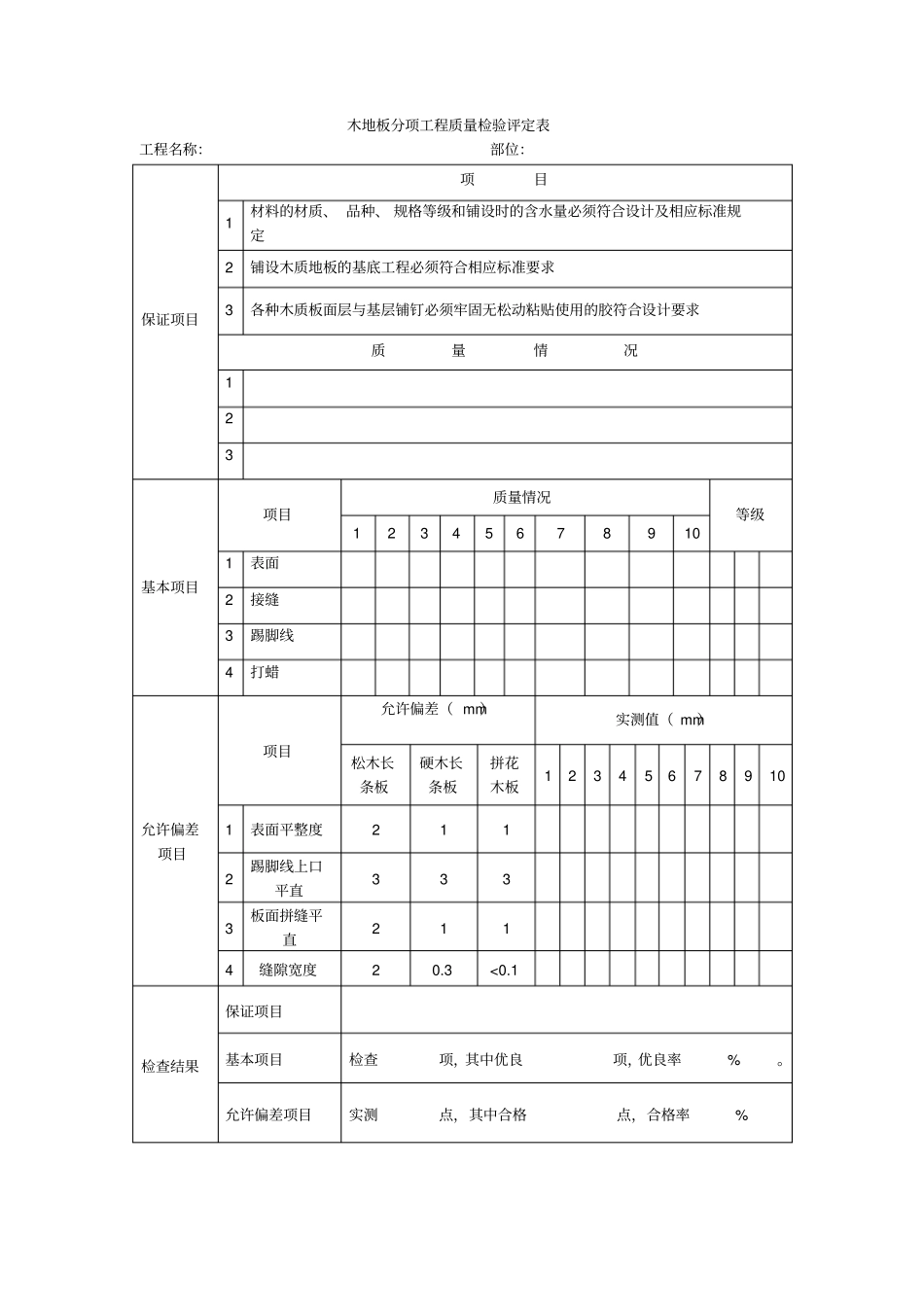 木地板分项工程质量检验评定表表格模板、格式_第1页