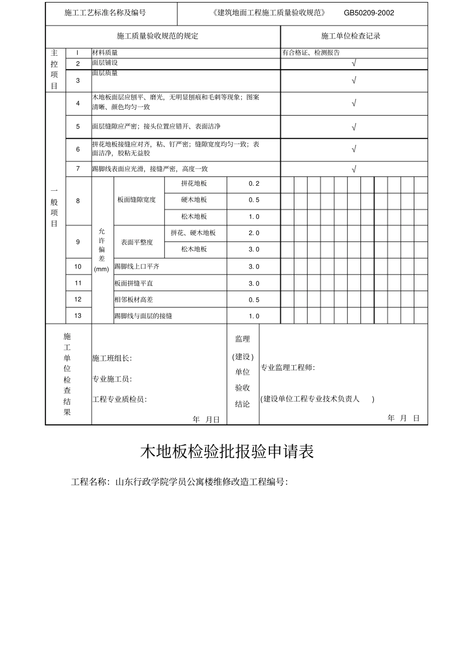 木地板铺装工程检验批质量验收记录表_第2页
