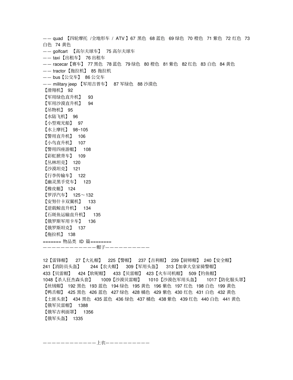 未转变者最新物品与载具ID大全制作人：幽灵修改：骑士大大100版本讲解_第3页
