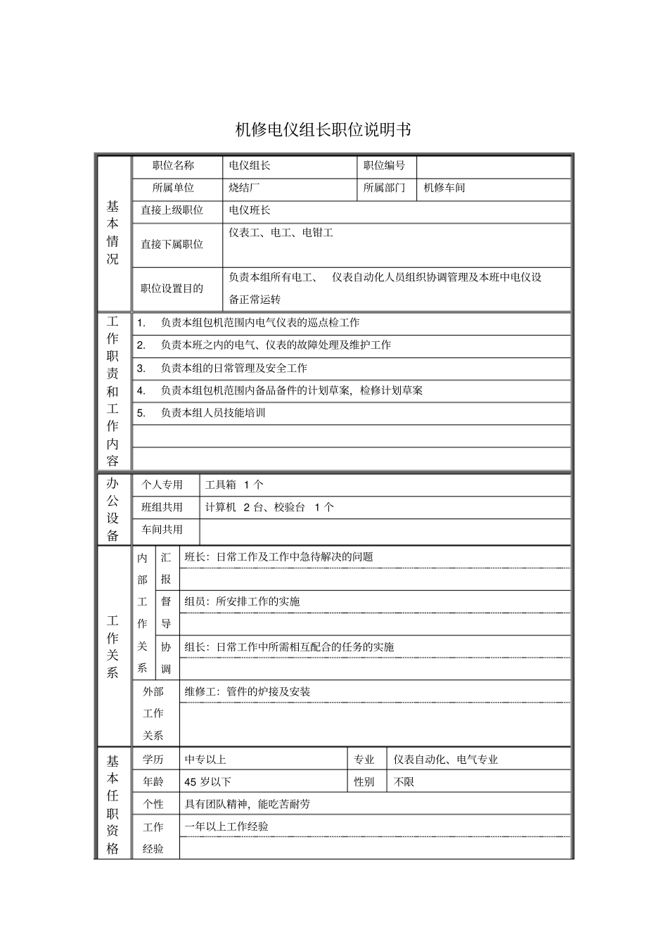 机修电仪组长职位说明书_第1页